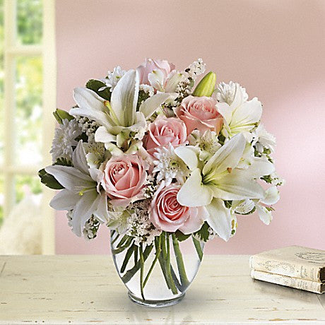 pink roses and white lilies Serenity and Bliss – Castro Valley Florist