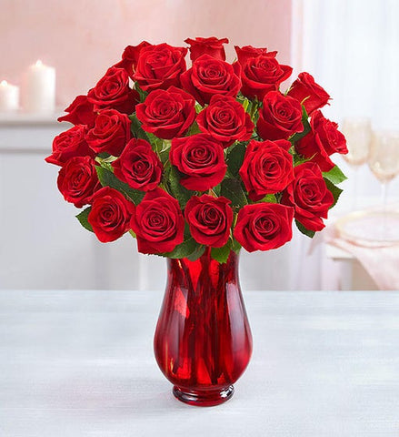 TWO DOZEN RED ROSES WITH RED VASE